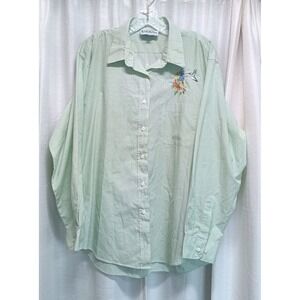 Las Olas Women's Size XL Button‎ Up Shirt Green Striped Floral Bird Embroidered